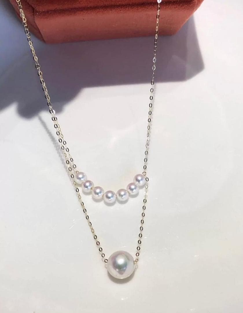 Law K18YG Akoya Pearl Smile Necklace featuring double strand pendant with 3.5-9mm pearls on 45cm chain