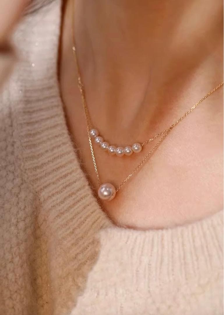 Law K18YG Akoya Pearl Smile Necklace featuring double strand pendant with 3.5-9mm pearls on 45cm chain