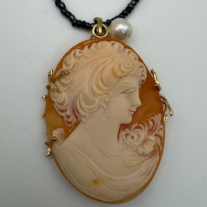 Large shell cameo pendant necklace with black spinel beads and 8mm Akoya pearls on silver 925 clasp chain