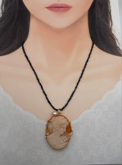 Large shell cameo pendant necklace with black spinel beads and 8mm Akoya pearls on silver 925 clasp chain