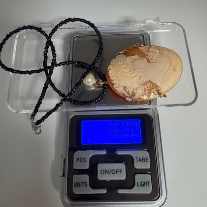 Large shell cameo pendant necklace with black spinel beads and 8mm Akoya pearls on silver 925 clasp chain