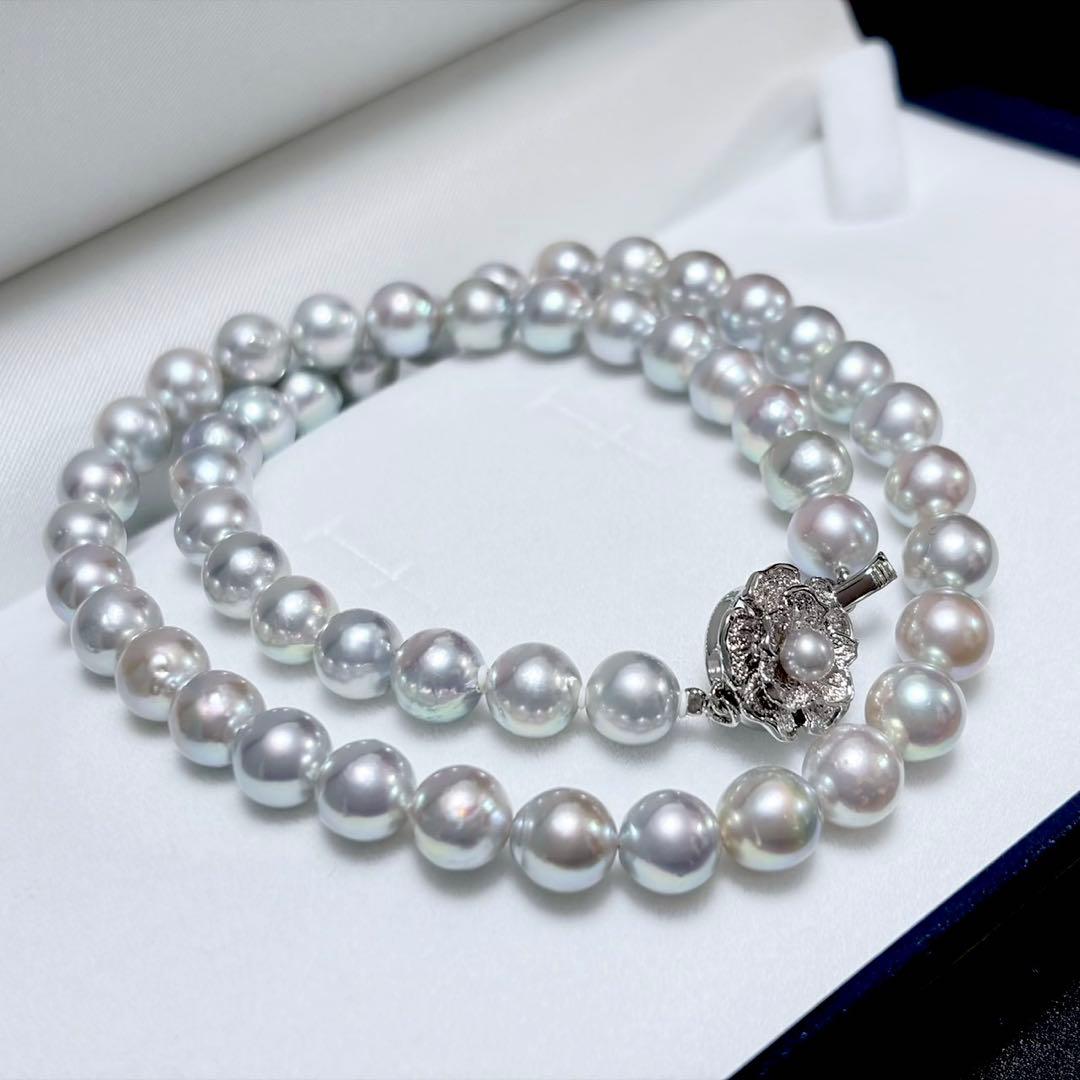 Honma Pearl Akoya natural 7.6-8.0mm light gray pearl necklace with silver clasp on white background