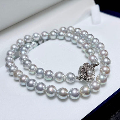 Honma Pearl Akoya natural 7.6-8.0mm light gray pearl necklace with silver clasp on white background