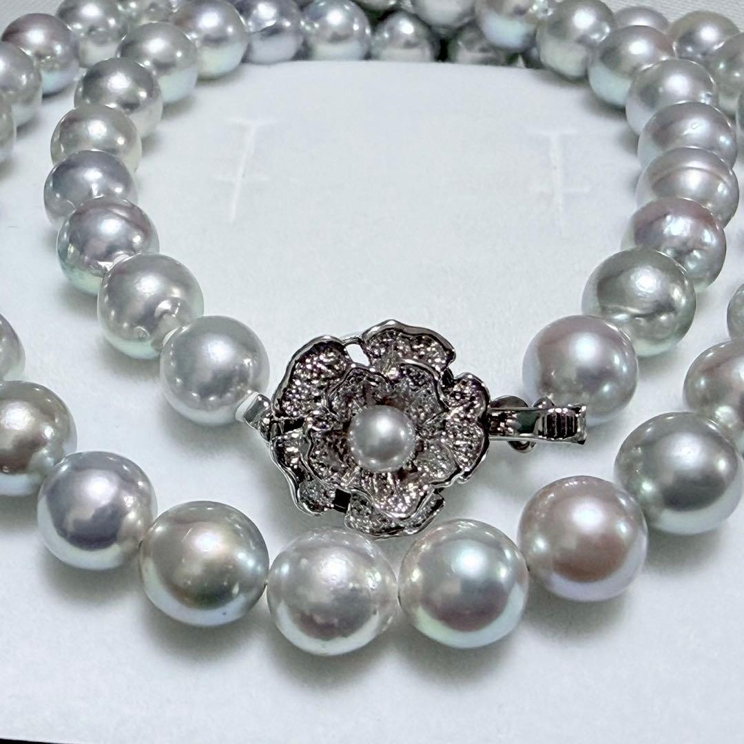 Honma Pearl Akoya natural 7.6-8.0mm light gray pearl necklace with silver clasp on white background