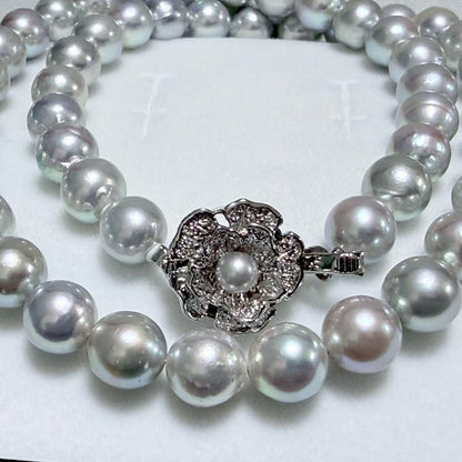 Honma Pearl Akoya natural 7.6-8.0mm light gray pearl necklace with silver clasp on white background