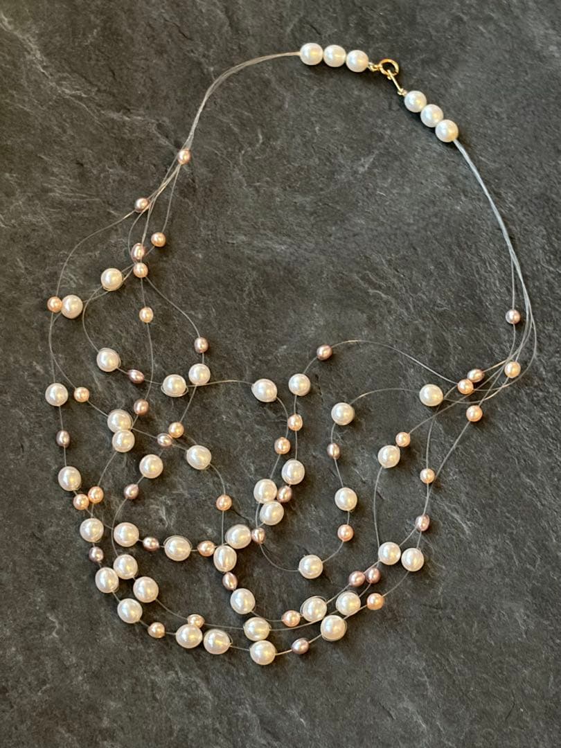Tasaki K18 46cm multi-string necklace with 7mm white and pink genuine pearls and gold accents