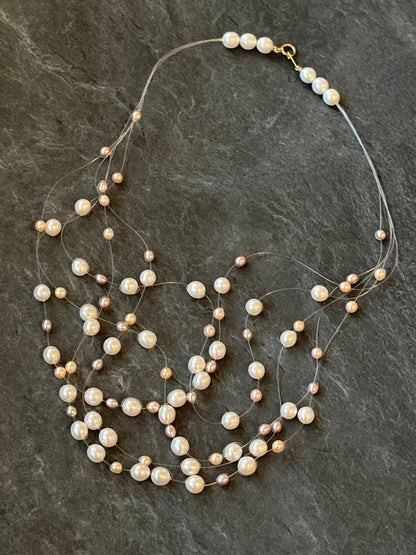 Tasaki K18 46cm multi-string necklace with 7mm white and pink genuine pearls and gold accents