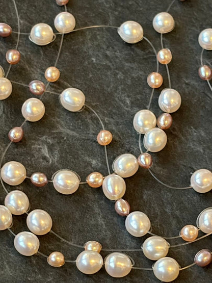 Tasaki K18 46cm multi-string necklace with 7mm white and pink genuine pearls and gold accents