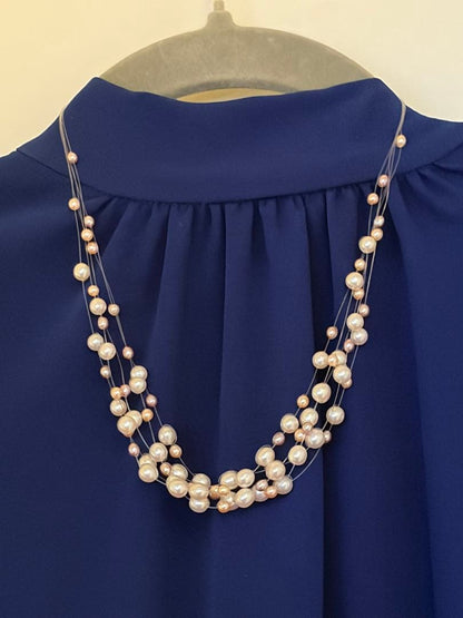Tasaki K18 46cm multi-string necklace with 7mm white and pink genuine pearls and gold accents