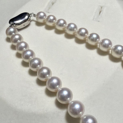 Akoya pearl necklace displayed with Hanadama pearl box and Aurora design, 46 cm length, white pearls