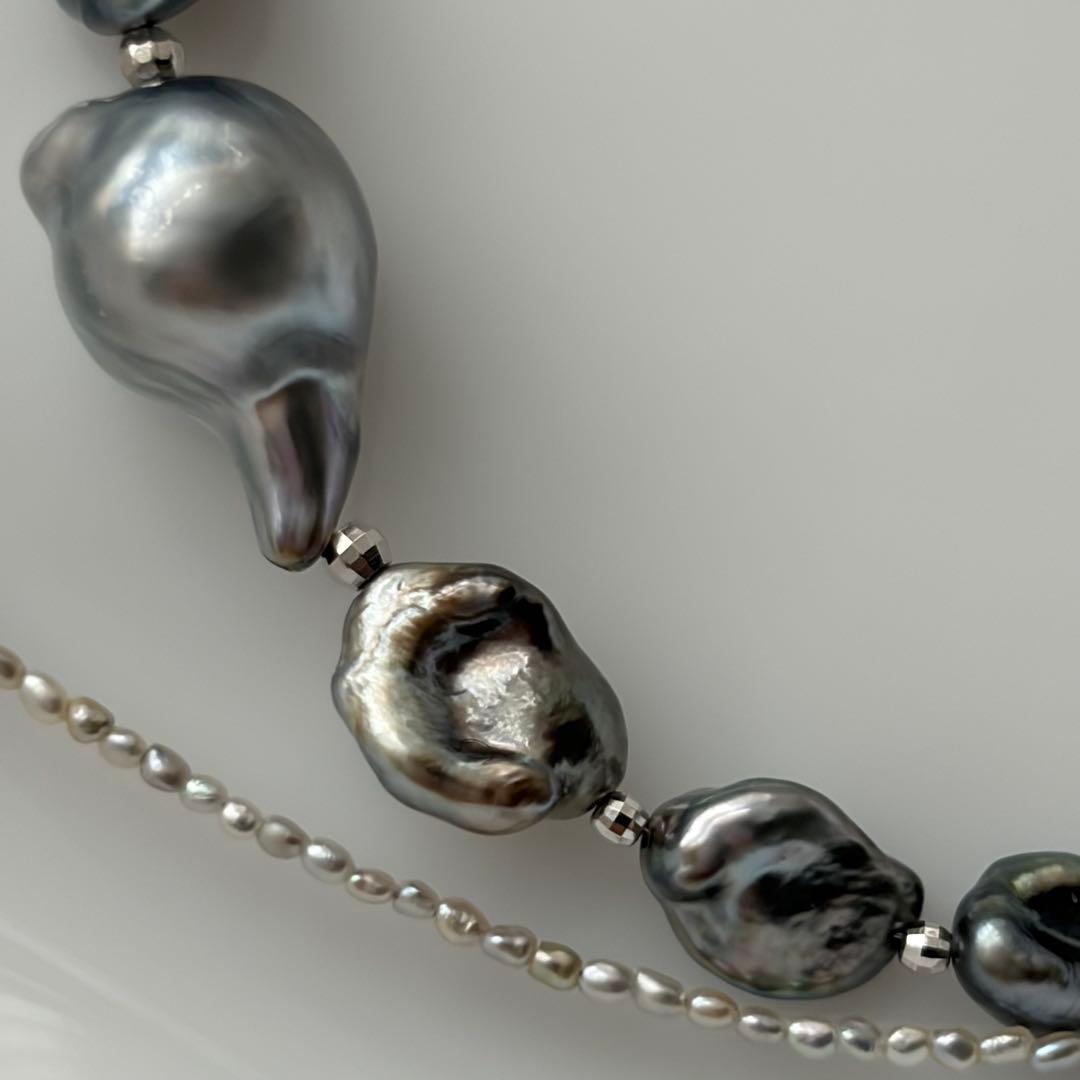 Black Butterfly Pearl Keshi and Baroque Pearl Agoya Sand Keshi Necklace with adjustable length