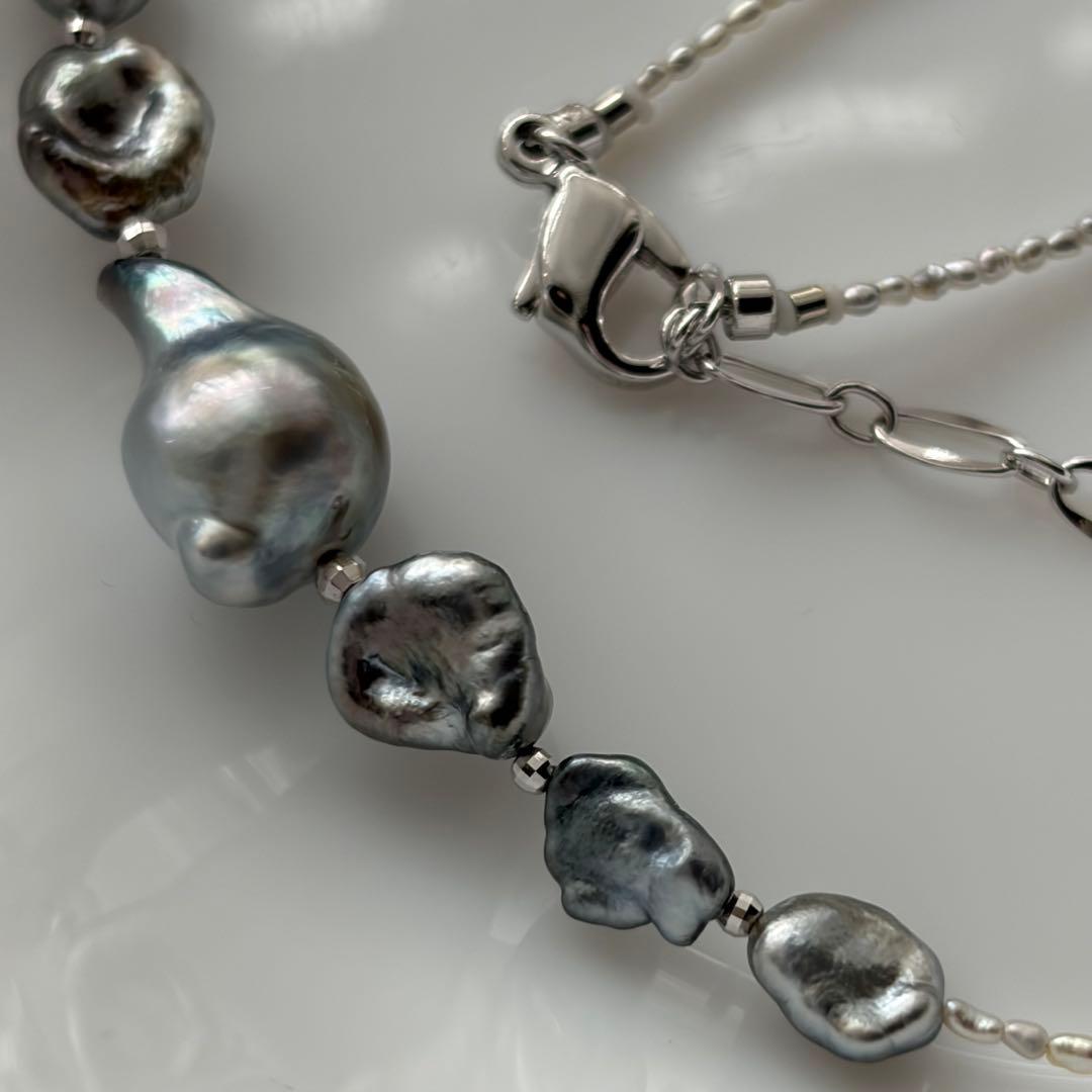 Black Butterfly Pearl Keshi and Baroque Pearl Agoya Sand Keshi Necklace with adjustable length