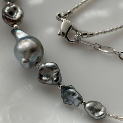 Black Butterfly Pearl Keshi and Baroque Pearl Agoya Sand Keshi Necklace with adjustable length