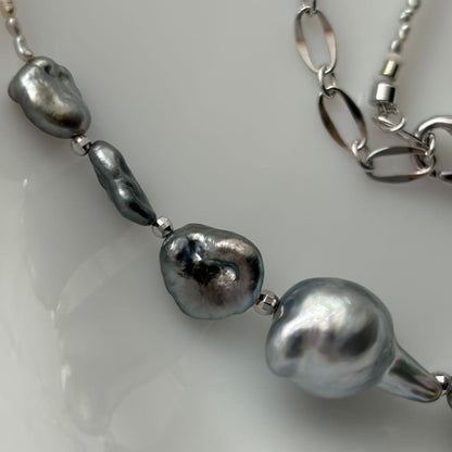 Black Butterfly Pearl Keshi and Baroque Pearl Agoya Sand Keshi Necklace with adjustable length