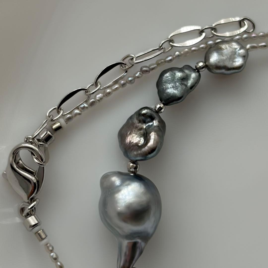 Black Butterfly Pearl Keshi and Baroque Pearl Agoya Sand Keshi Necklace with adjustable length