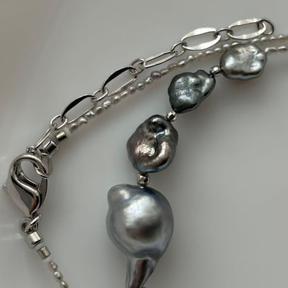 Black Butterfly Pearl Keshi and Baroque Pearl Agoya Sand Keshi Necklace with adjustable length