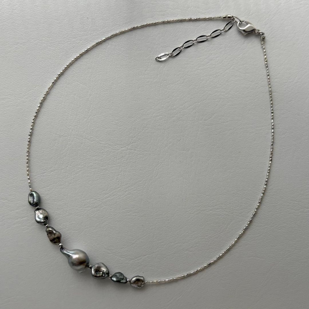 Black Butterfly Pearl Keshi and Baroque Pearl Agoya Sand Keshi Necklace with adjustable length