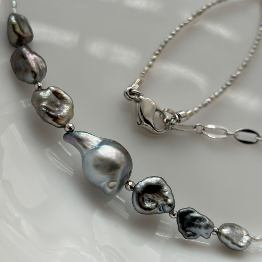 Black Butterfly Pearl Keshi and Baroque Pearl Agoya Sand Keshi Necklace with adjustable length