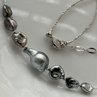 Black Butterfly Pearl Keshi and Baroque Pearl Agoya Sand Keshi Necklace with adjustable length