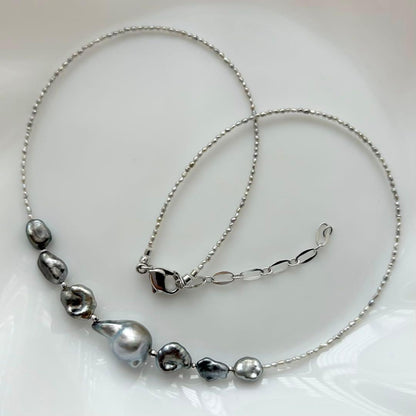 Black Butterfly Pearl Keshi and Baroque Pearl Agoya Sand Keshi Necklace with adjustable length