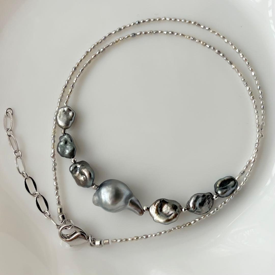 Black Butterfly Pearl Keshi and Baroque Pearl Agoya Sand Keshi Necklace with adjustable length
