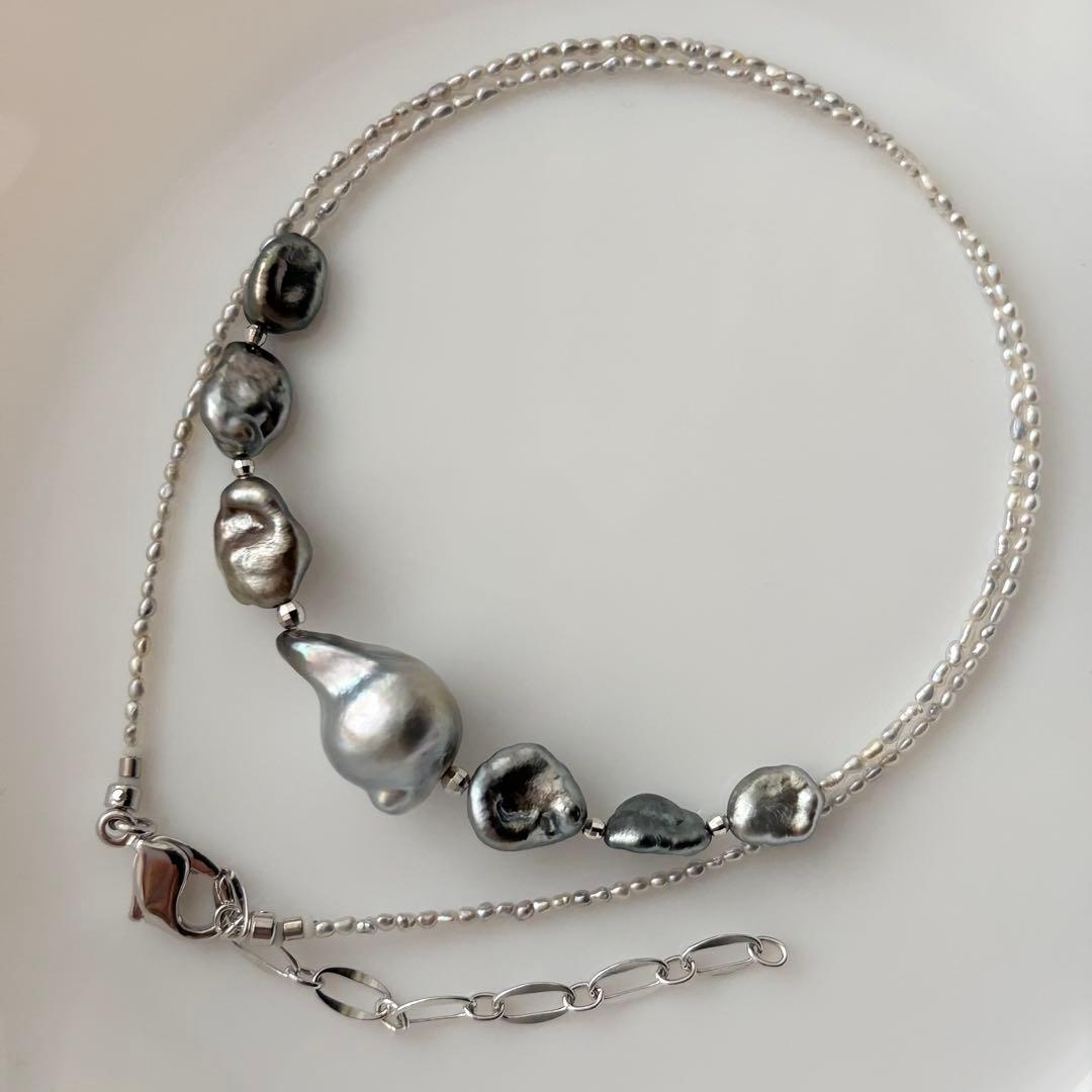 Black Butterfly Pearl Keshi and Baroque Pearl Agoya Sand Keshi Necklace with adjustable length