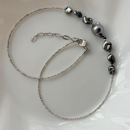 Black Butterfly Pearl Keshi and Baroque Pearl Agoya Sand Keshi Necklace with adjustable length
