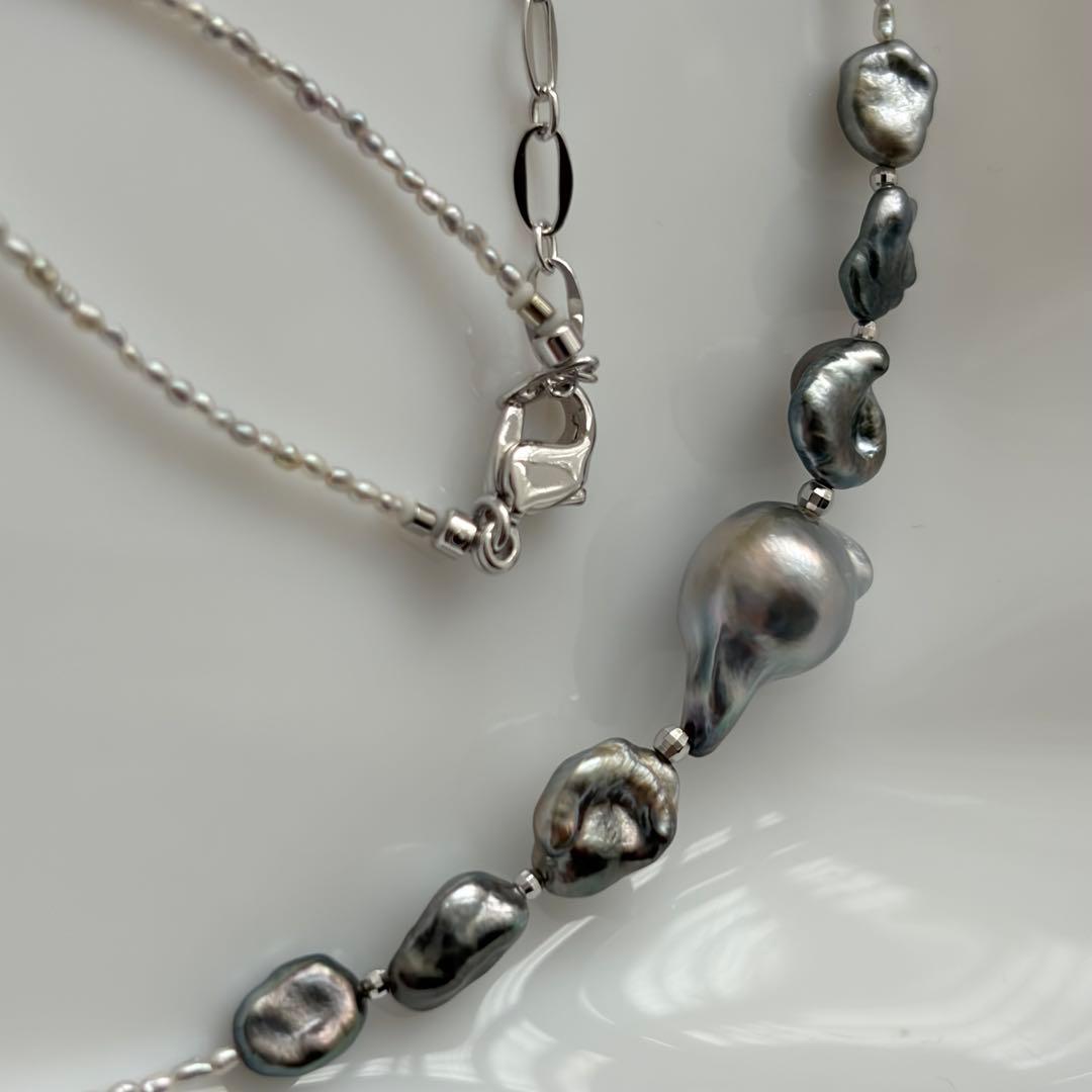 Black Butterfly Pearl Keshi and Baroque Pearl Agoya Sand Keshi Necklace with adjustable length