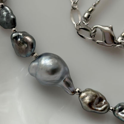 Black Butterfly Pearl Keshi and Baroque Pearl Agoya Sand Keshi Necklace with adjustable length
