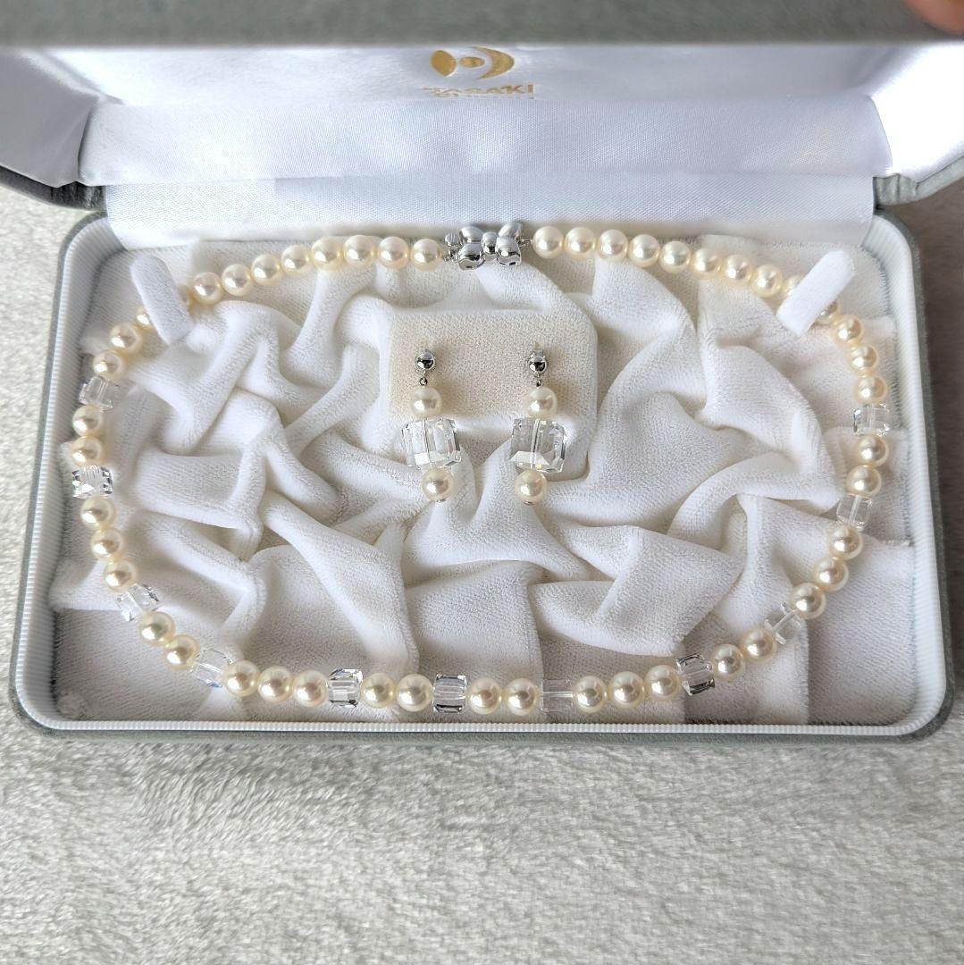 Tasaki Akoya pearl necklace and earrings set in SV K18WG with crystal accents, necklace length 42.5cm, earrings 3cm