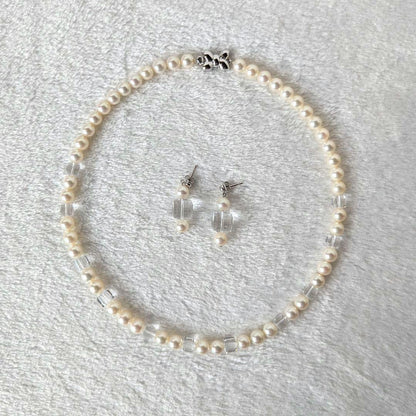 Tasaki Akoya pearl necklace and earrings set in SV K18WG with crystal accents, necklace length 42.5cm, earrings 3cm