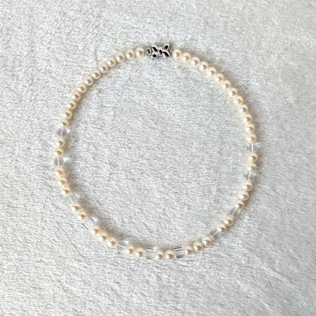 Tasaki Akoya pearl necklace and earrings set in SV K18WG with crystal accents, necklace length 42.5cm, earrings 3cm