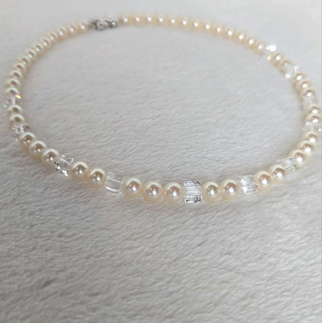 Tasaki Akoya pearl necklace and earrings set in SV K18WG with crystal accents, necklace length 42.5cm, earrings 3cm