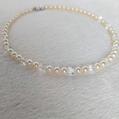 Tasaki Akoya pearl necklace and earrings set in SV K18WG with crystal accents, necklace length 42.5cm, earrings 3cm