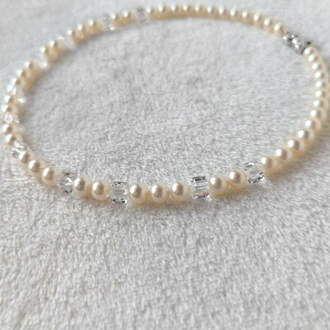Tasaki Akoya pearl necklace and earrings set in SV K18WG with crystal accents, necklace length 42.5cm, earrings 3cm