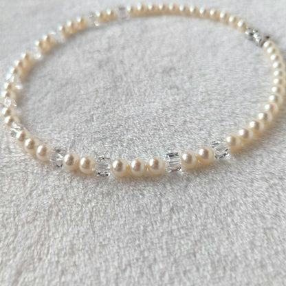 Tasaki Akoya pearl necklace and earrings set in SV K18WG with crystal accents, necklace length 42.5cm, earrings 3cm