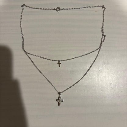 Mikimoto Pearl Island 2-strand silver necklace featuring a cross pendant decorated with pearls and rhinestones