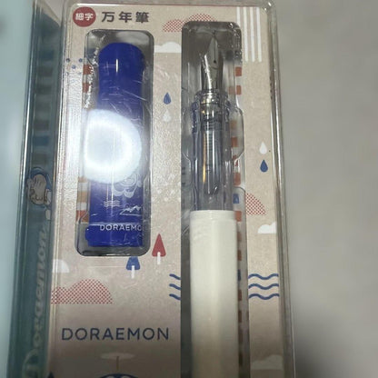 PILOT Kakuno Doraemon fountain pen set with pink and blue pens featuring triangular grips