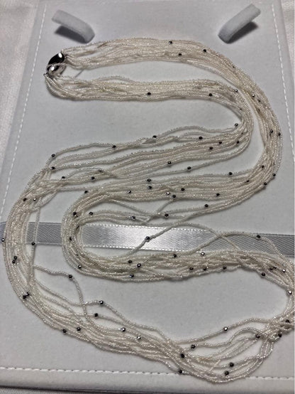 Akoya pearl 10-strand long necklace with small Keshi pearls and k18 white gold mirror-cut balls