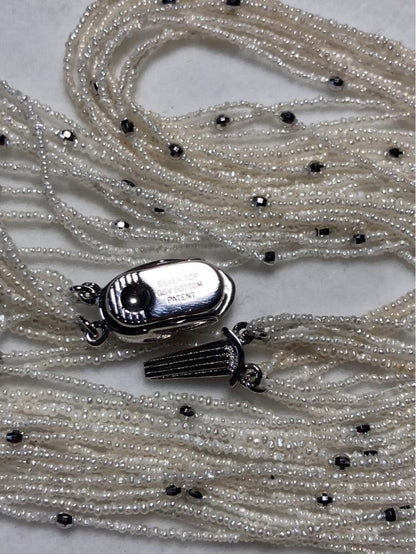 Akoya pearl 10-strand long necklace with small Keshi pearls and k18 white gold mirror-cut balls