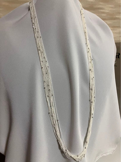 Akoya pearl 10-strand long necklace with small Keshi pearls and k18 white gold mirror-cut balls