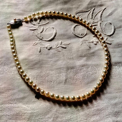 MIKIMOTO pearl choker necklace with 63 round pearls and silver M engraved clasp displayed with original box
