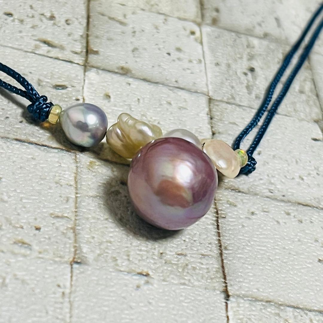 Silver 925 necklace with Freshwater and Akoya baroque pearls on blue silk cord, 42 cm length