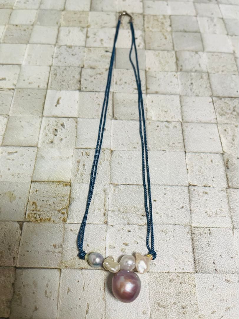 Silver 925 necklace with Freshwater and Akoya baroque pearls on blue silk cord, 42 cm length