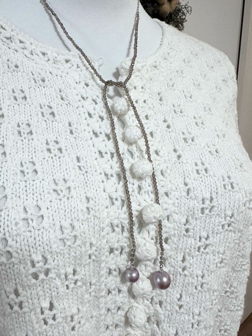 Agete silver necklace featuring smoky quartz stones and freshwater pearls with a 112 cm length