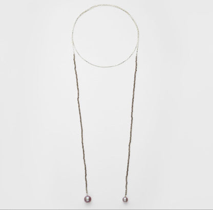 Agete silver necklace featuring smoky quartz stones and freshwater pearls with a 112 cm length