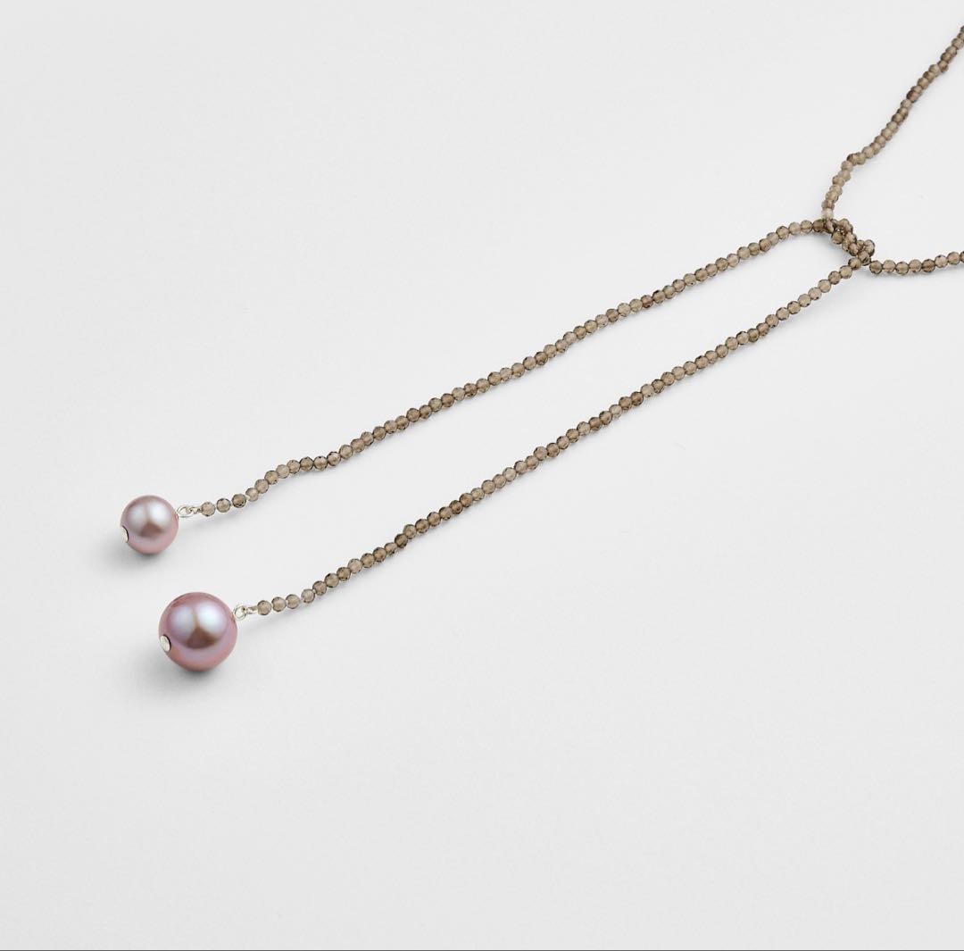 Agete silver necklace featuring smoky quartz stones and freshwater pearls with a 112 cm length
