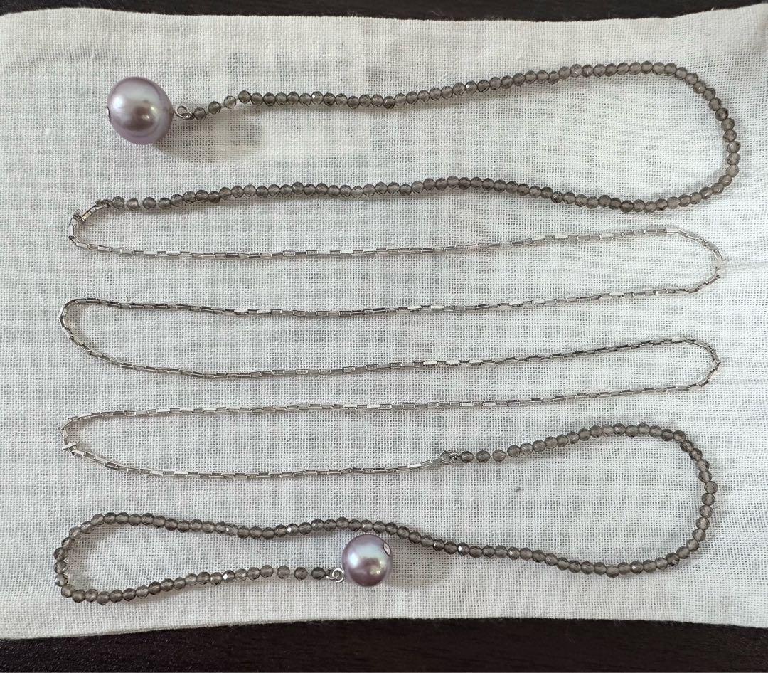Agete silver necklace featuring smoky quartz stones and freshwater pearls with a 112 cm length