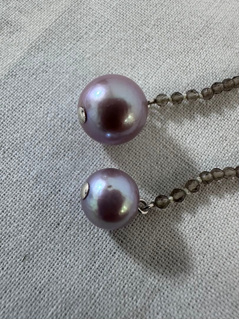 Agete silver necklace featuring smoky quartz stones and freshwater pearls with a 112 cm length
