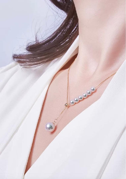 K18YG Akoya pearl Y-shape 2way slide adjuster Chopin chain necklace with pearls sized 3.5-8.5 mm, 45 cm long